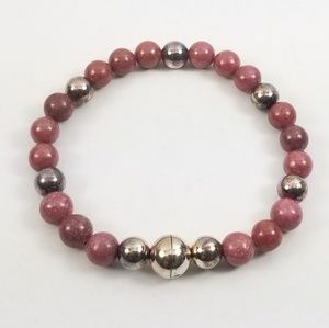 Sterling Rhodonite Bead Bracelet w/Magnetic Clasp